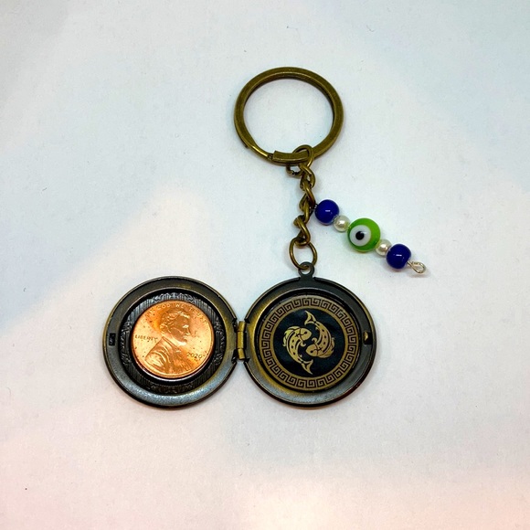 Zodiac Pisces Locket Keychain: Intuition with Greek Key and Evil Eye Charm - Picture 3 of 3